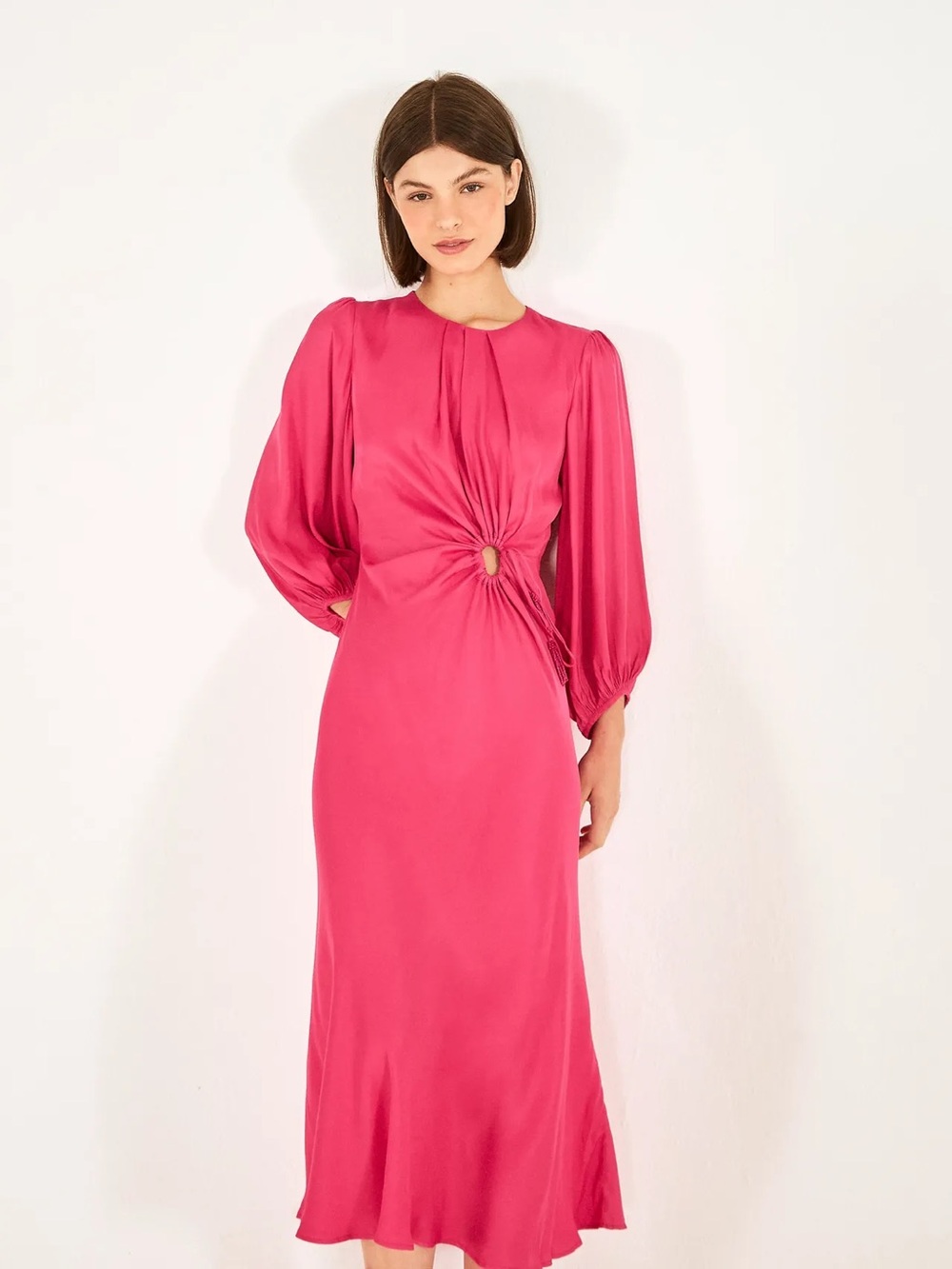 FARM RIO SOLID BLOUSON SLEEVE CUTOUT MIDI DRESS  Size S